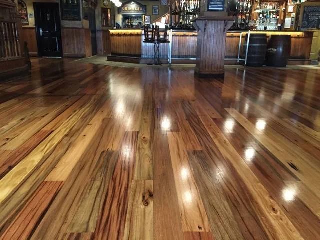  Telegraph pole floor boards installed onsite at King O'Malleys - Canberra City 