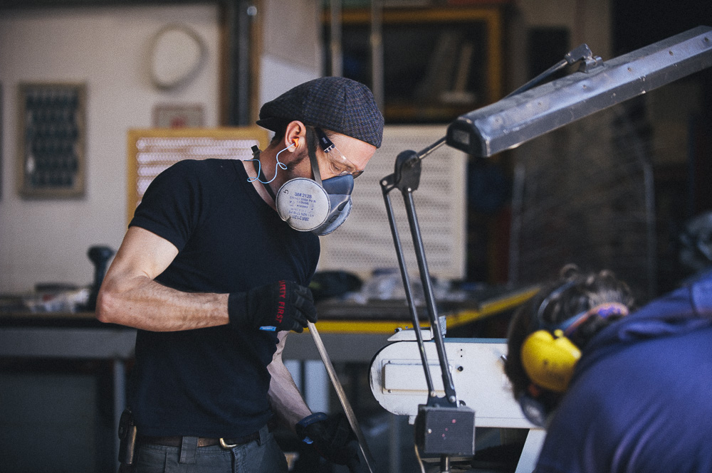 Geoff Farquhar-Still finishing the stainless steel legs for Polyhedrica