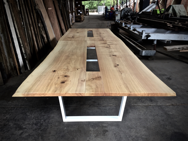 Boardroom table custom built for the new Sydney Twitter Offices using White Oak salvaged from Canberra street trees and a steel base. Awaiting installation of central data and electrical ports.