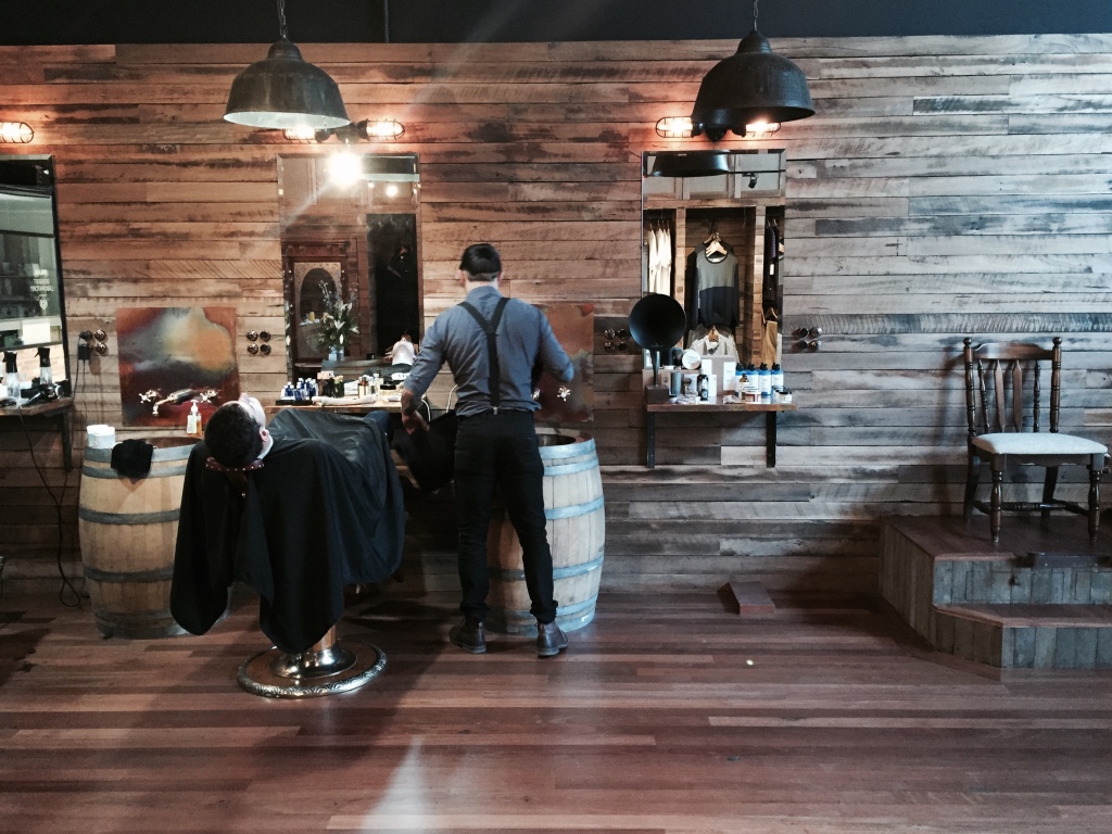 Salvaged timber floor boards and cladding at Groomed Barber Shop, Braddon, ACT.