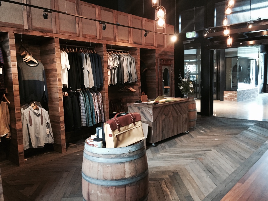 Salvaged timber floor boards and cladding at Groomed Barber Shop, Braddon, ACT.