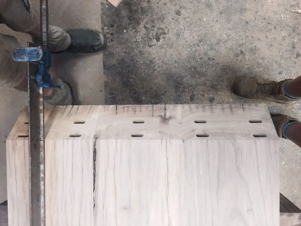 Detail of the massive mitre joints we used for the waterfall ends with holes for domino joiners machined. Combined with high quality glue, this is an extremely strong and long lasting joint!