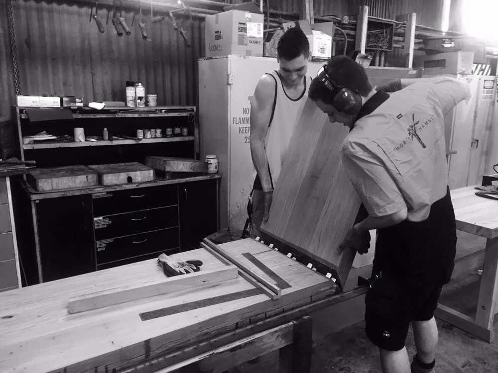 Connecting the mitre joints on the waterfall bench. A combination of domino joiners and really high quality glue make for a extremely strong joint.