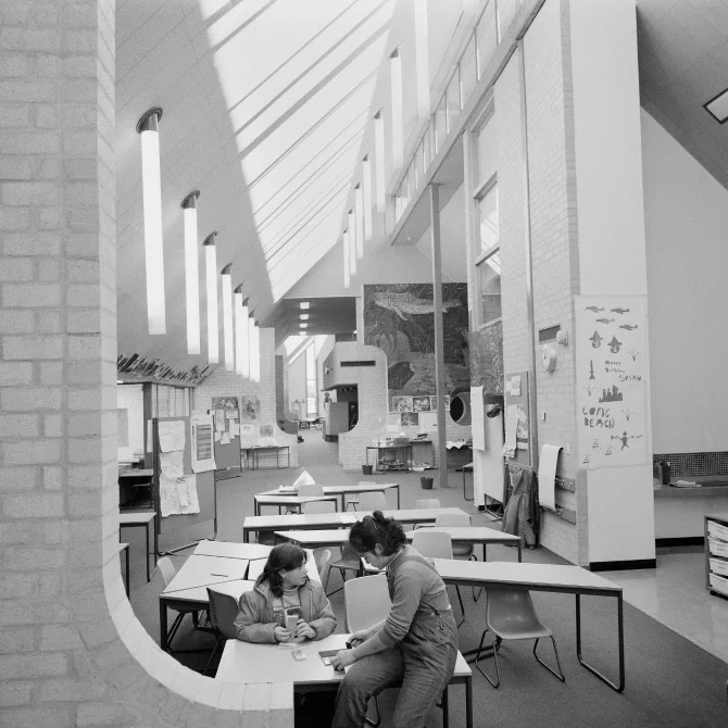Clockwise from top left— The White Eagle Club, Lyneham, Giralang Primary (photo: Tim Ross), interior of Giralang Primary School, 1975, The Polyhedrica chair in production at Thor’s Hammer.