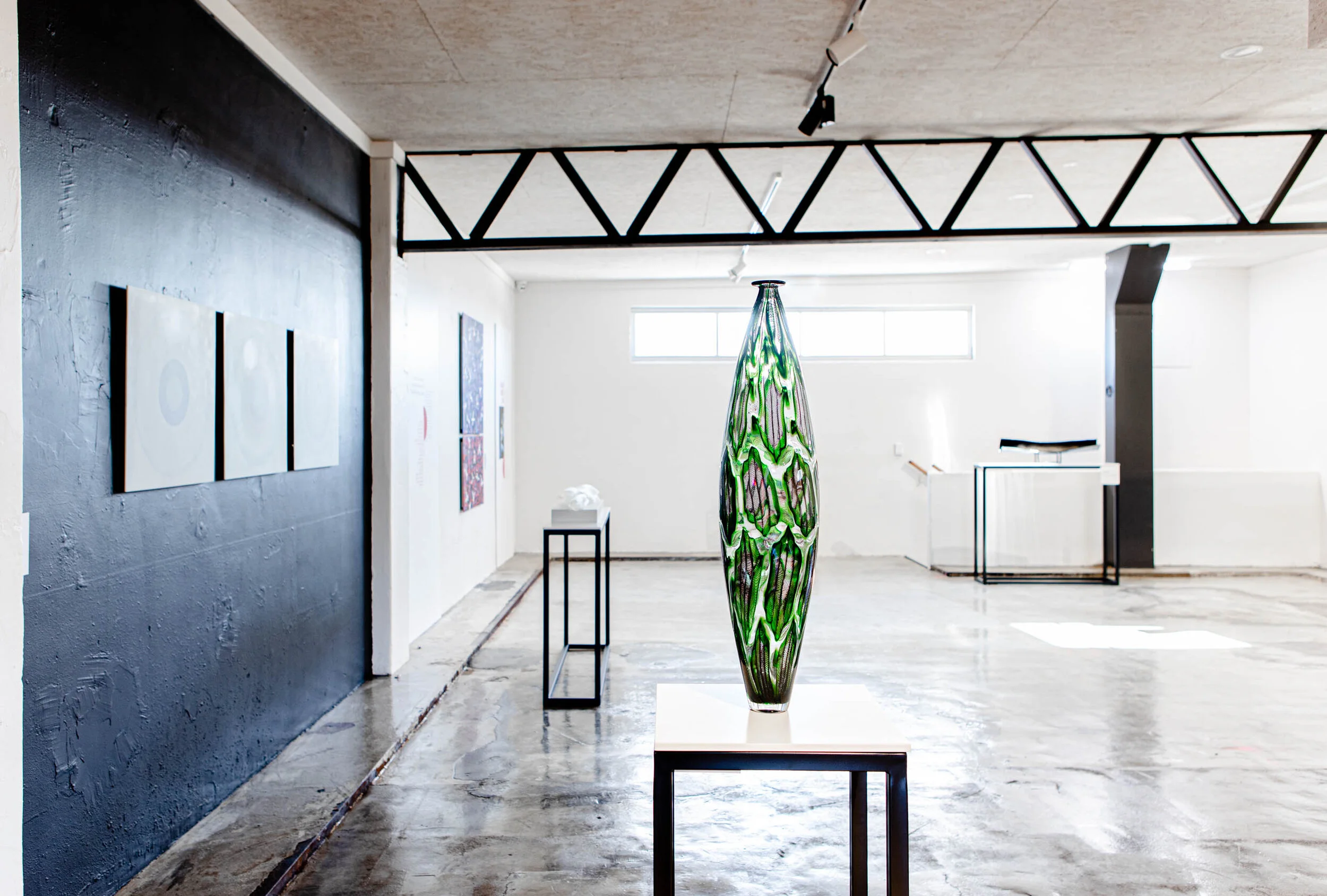 Tom Rowney’ s work. Green aventurine motif, with black Zanfirico cane work. Murrini and caneworked blown glass.