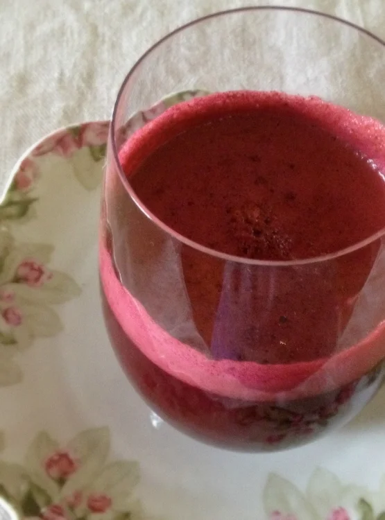 All the beautiful colors of the fruits and vegetables come together to make one delicious and good-for-your-skin drink