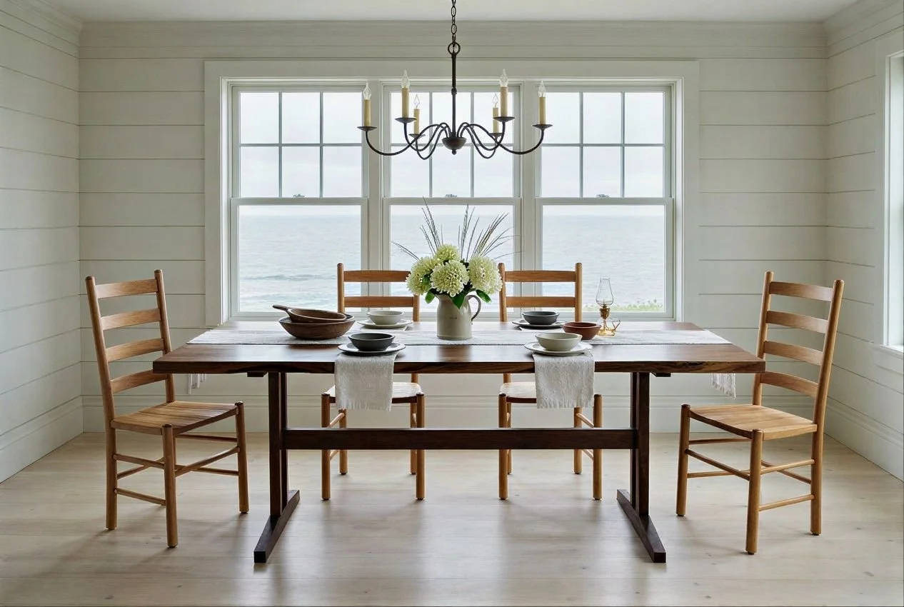 traditional walnut trestle table with wood chairs and white shiplap walls and ocean view