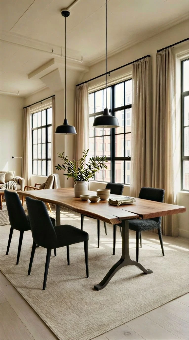 Butternut dining table with cast iron in modern nyc apartment