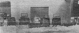 THESE ARE a few of the eight different models of Trail-A-Sleds manufactured right here in Crosby. For an exciting and invigorating winter-time thrill, try skimming around in one of these at 40 miles per hour! The snow sleds are one of several products made by the rapidly-expanding Trail-A-Sled, Inc. at two plants here. Webmaster's Note: Interestingly enough, this photo actually contains two Polaris Comets. Trail-A-Sled acted as a Polaris dealer and manufactured parts for the Roseau-based firm during these early years.