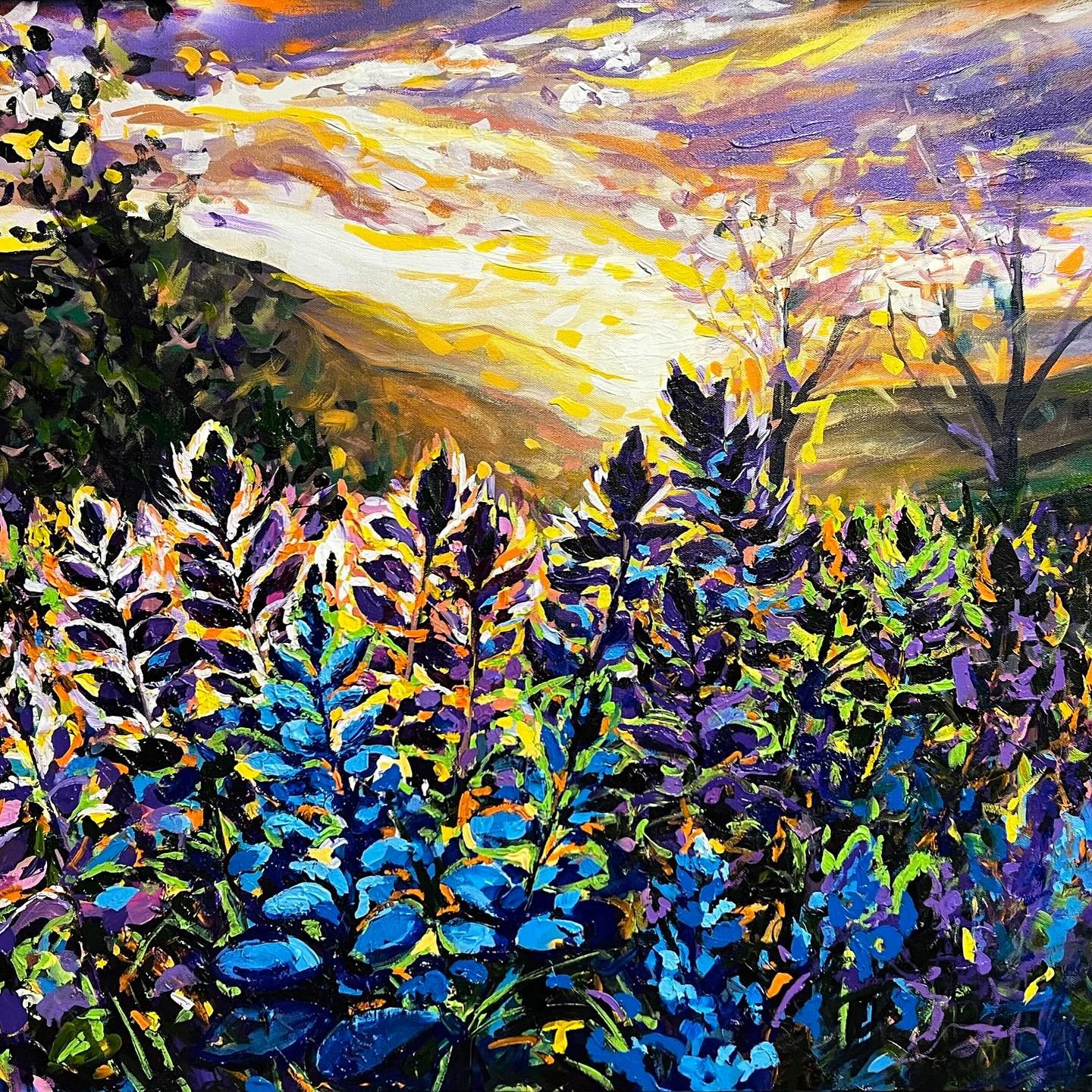 Available Art Feature ☀️🧡 Lupine Daydream 🧡☀️
48X30&rdquo; acrylic on canvas - visit my bio link to purchase 

Rolling hills of Colorado wildflowers are backlit by a vibrant sunset in this positive composition. This painting is a current favorite o