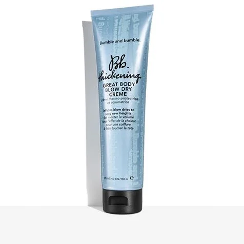 Thickening Great Body Blow Dry Cream: This heat-protective cream helps inflate blow dries to luscious new heights. Spiked with strand-swelling Emblica technology, the formula infuses hair with major volume. HOW TO USE Work evenly through damp hair, then blow-dry. KEY INGREDIENTS Emblica Officinalis Fruit Extract: instantly thickens and plumps Prunus Amygdalus Dulcis (Sweet Almond) Oil: conditions hair Ethyltrimonium Chloride Methacrylate/Hydrolyzed Wheat Protein Copolymer: helps contribute to hair volume Tocopheryl Acetate (Vitamin E): moisturizes Bb.Products are free from parabens, phthalates, mineral oils, and formaldehyde.