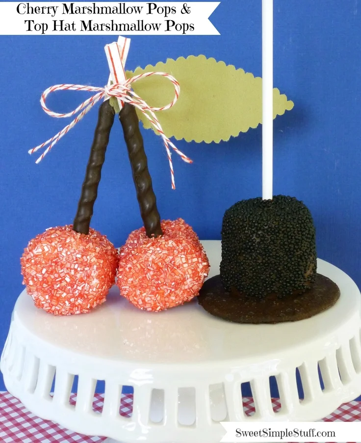 We love this idea to transform marshmallows into cherriies and top hats! Just brilliant! Photo & Idea: http://sweetsimplestuff.com/2013/02/14/marshmallow-pops-for-presidents-day/