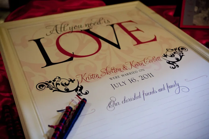 A customized poster "guest book" with our signature ribbon pens. 