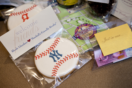 A Providence, Rhode Island Wedding Welcome Bag with New York Yankees and Boston Red Sox customized cookies, a map of Providence, a small package of Pepto-Bismol, Advil and Aspirin, "Just in Case", Del's Lemonade Mix, a handmade local soap, Coffee Syrup and other goodies welcomed these lucky wedding guests. Photo: Kristin Spencer