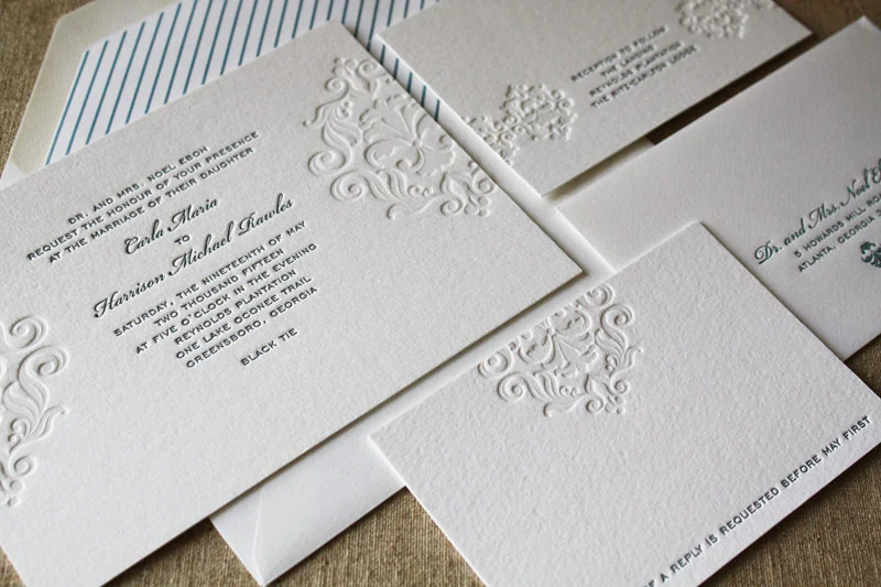 Here is an example of letterpress . You can see the letterpress indents on the pattern as well. The only difference is the pattern didn't use ink. That process is called embossing. 