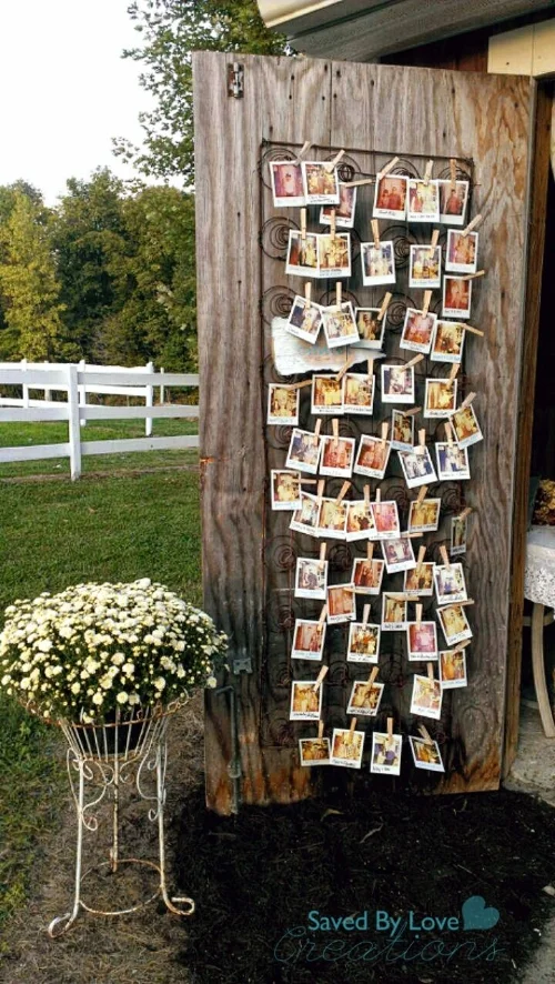 Repurposing this old boxspring to display Polaroid photos for a wedding is smart AND attractive!