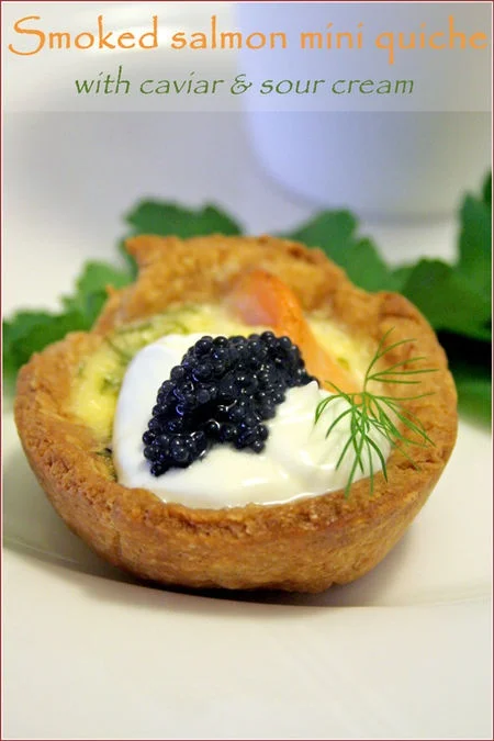 This mini quiche topped with smoked salmon and caviar is beautiful and festive - perfect for a wedding!
