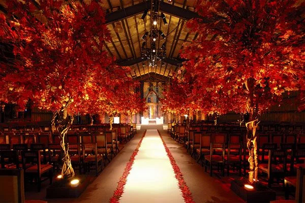 This dramatic Preston Bailey ceremony setting just makes us SWOON! The detailing on the sides of the aisle runner are simply perfect. Nature never had it so good! Photo Credit: John Labbe