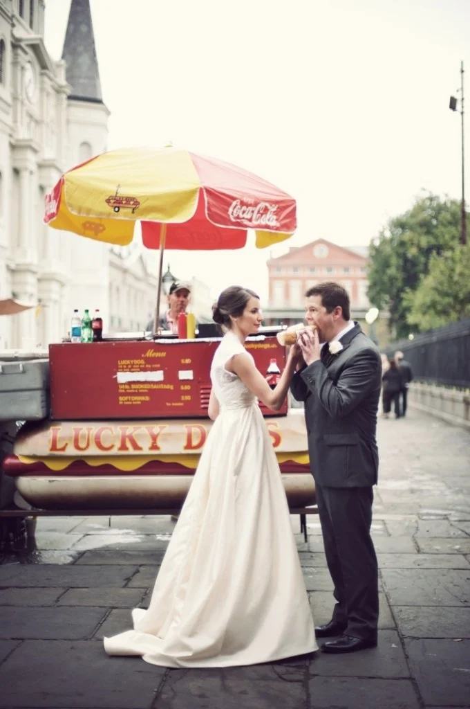 If you are lucky enough to get married in New Orleans where Lucky Dogs are king, then this photo opp should be on your must do list! Better yet, rent a Lucky Dog cart to be at your wedding for late night snacks!