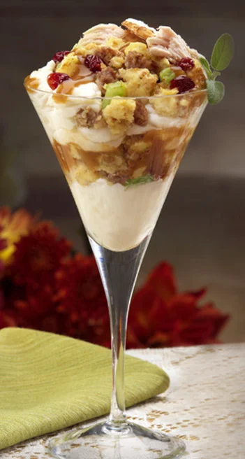 Turkey Dinner in a glass? Yes please! We think this "Thankstini" with turkey, stuffing, mashed potatoes and cranberry sauce would be a great mini appetizer at your wedding. We think they would be gobbled up at your wedding 