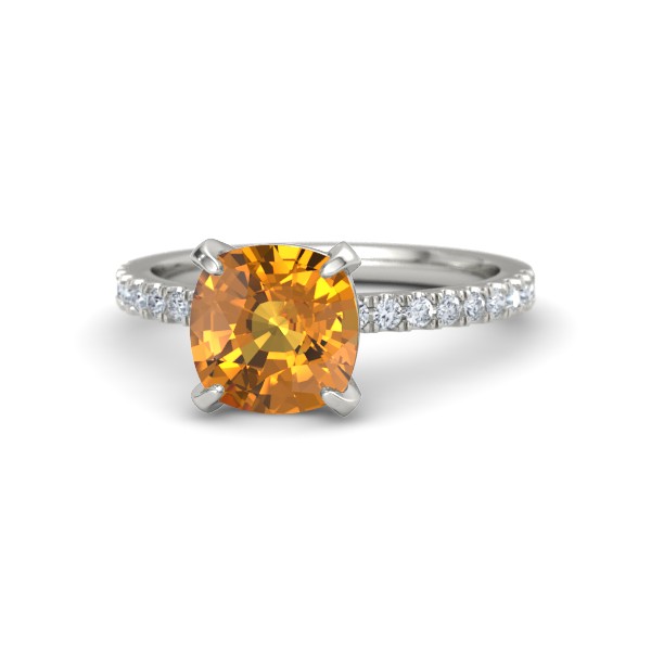 Cecilia Ring Cushion Cut Citrine with Diamonds and White Gold. 