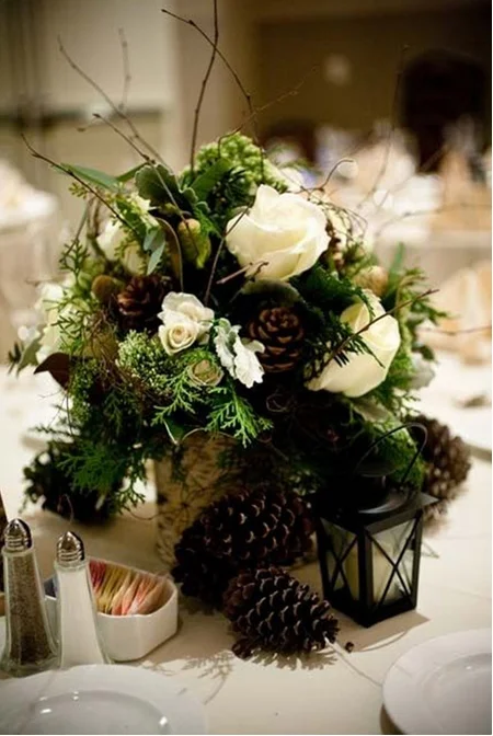 Pine Cone & Pine Boughs Centerpiece - Birch, Pine Cones, Cedar, Roses and some extra greenery make a neutral colored and lovely arrangement for a table! 