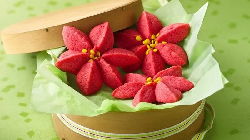 Raspberry Poinsettia Blossoms - This cookie gets raves for taste and for their color but it does seem like it's a hard cookie to make it look exactly like the photo. I think this cookie would be great as a SPRITZ cookie and think that you could make quite a few of these this way. We LOVE the idea of changing up the raspberry flavor with cranberry, strawberry or cherry!