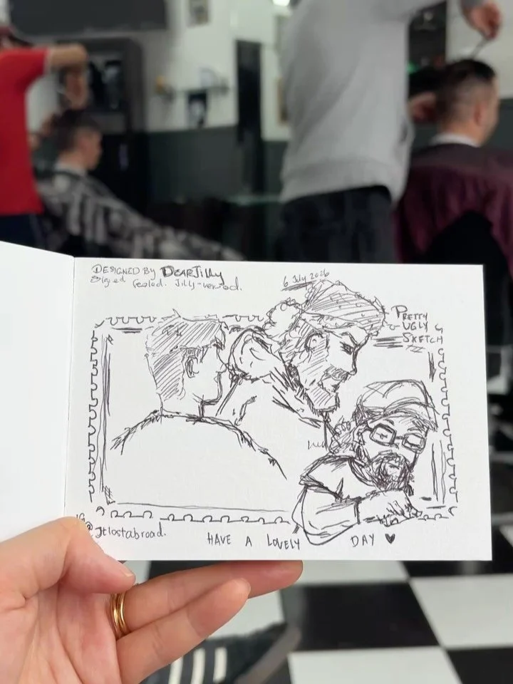I was waiting, I had time, decided to sketch and put a smile to a bunch of strangers working at the barbershop&hellip;. Designed by DearJilly, with my &ldquo;So-So&rdquo; Sketch&hellip; #SosoSketch #dearjilly