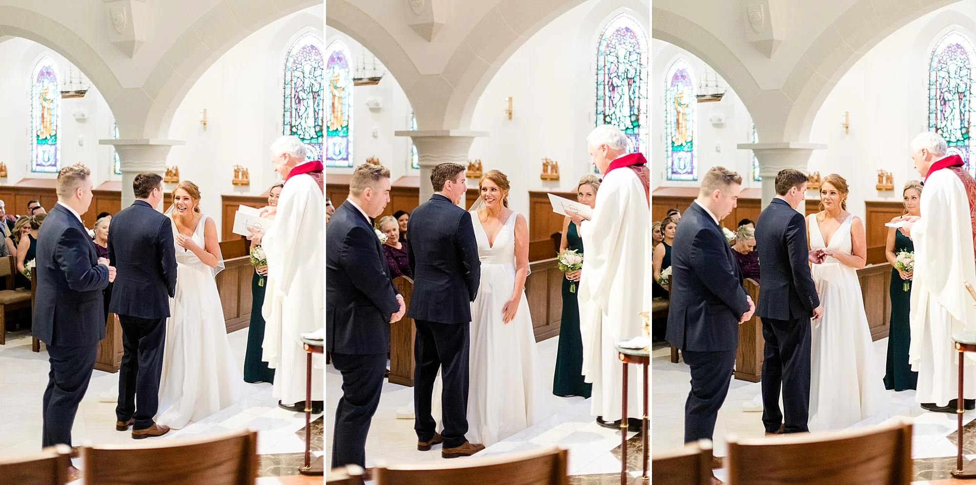 The joyful couple laughing during their ring exchanges
