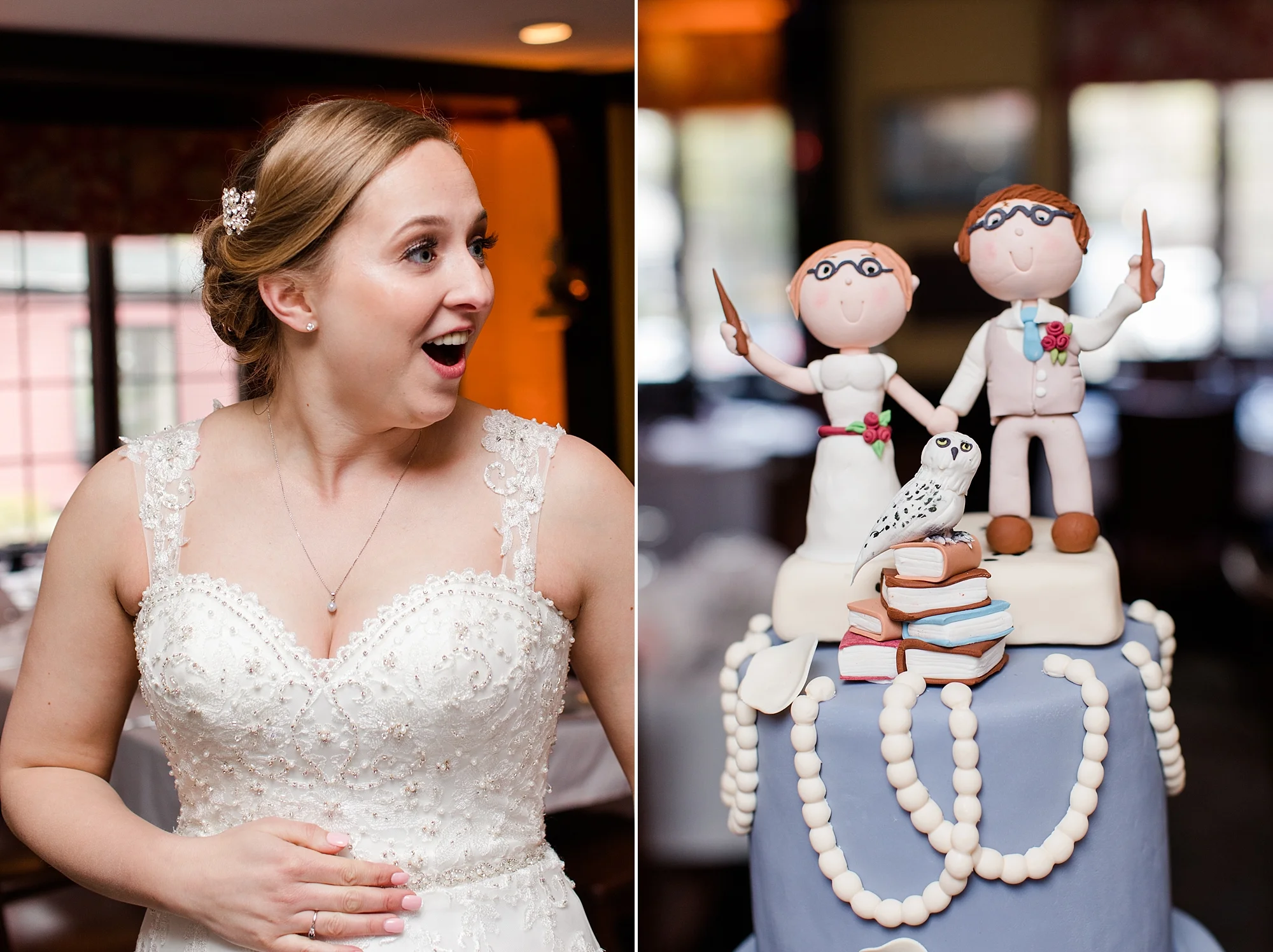 First look with her wedding cake! You can imagine how much we loved the Harry Potter cake topper!