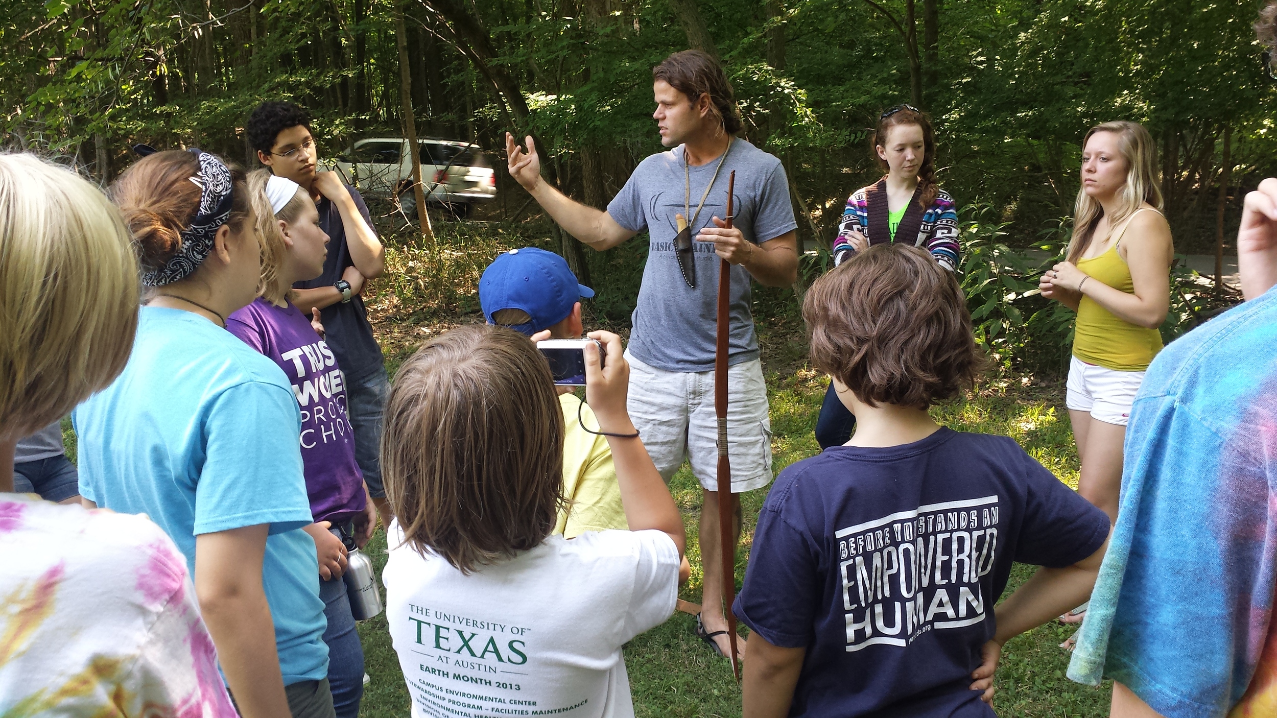Matt Shull of White Pine Wilderness Academy talks with campers about nature connectivity.