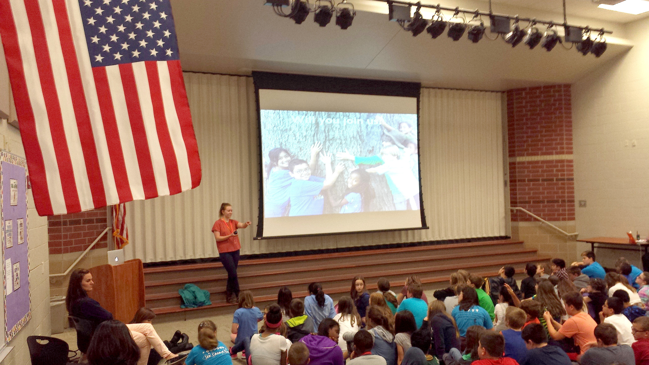 By May, 2016, youth leader Molly Denning began to visit area schools to talk to kids about climate change and climate recovery. Here is Molly at Noblesville's Promise Road Elementary.