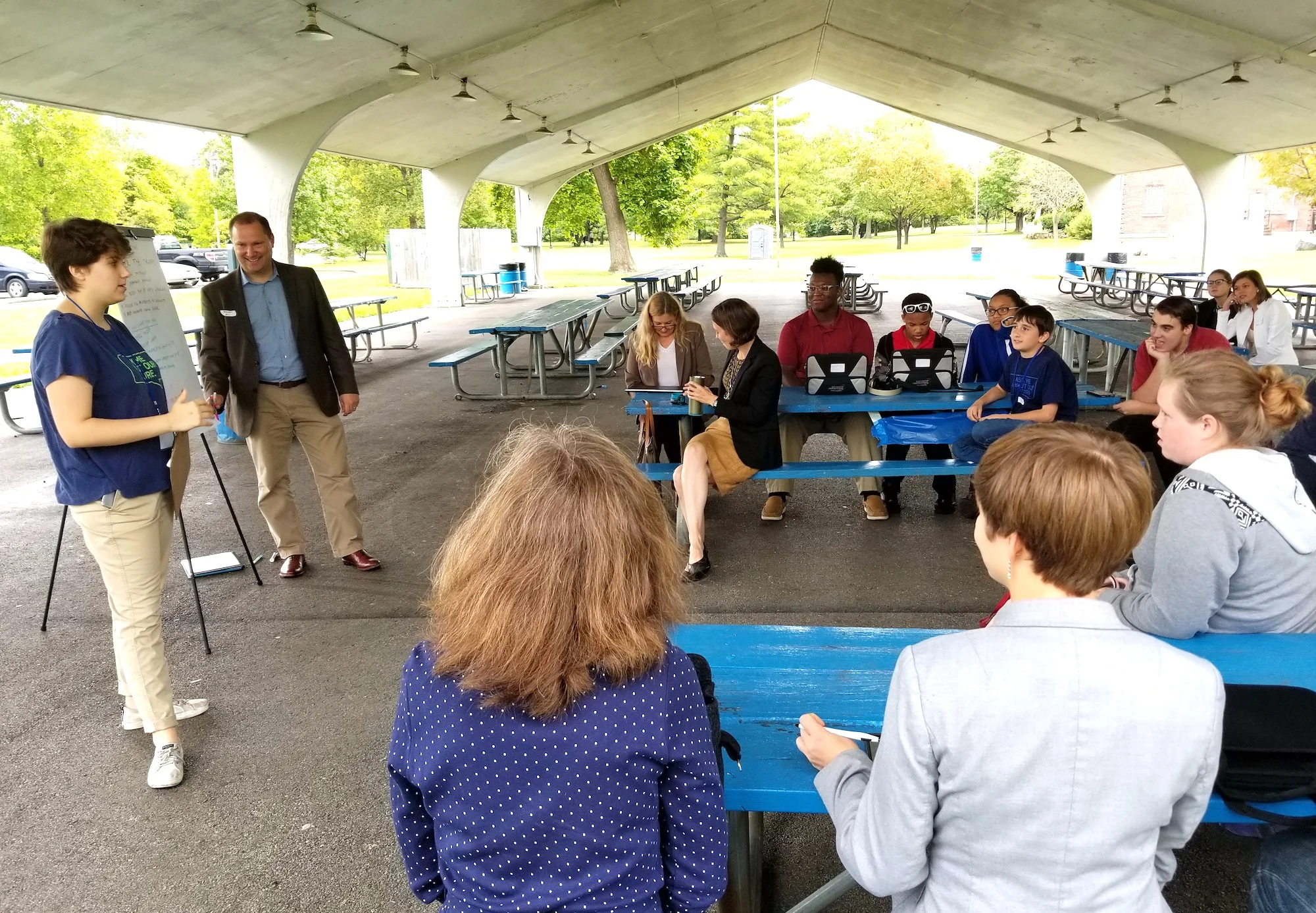 Youth leaders, Cora Gordon (left), leads attendees through a session on Climate Recovery Resolutions. Center, back, youth from Gary, Indiana; to the right, Teddie and Ben Rayhill.