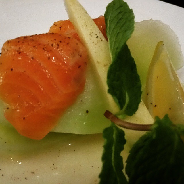 'honey honey' - melon, salmon sashimi, honey sauce #iprive #chefsofinstagram #foodporn