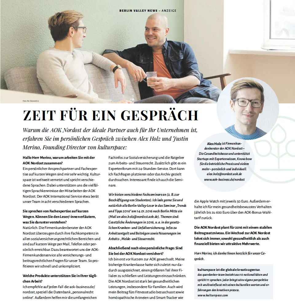 Warum die AOK Nordost der ideale Partner auch für Ihr Unternehmen ist, erfahren Sie im persönlichen Gespräch zwischen Alex Holz und Justin Merino, Founding Director von kulturspace.