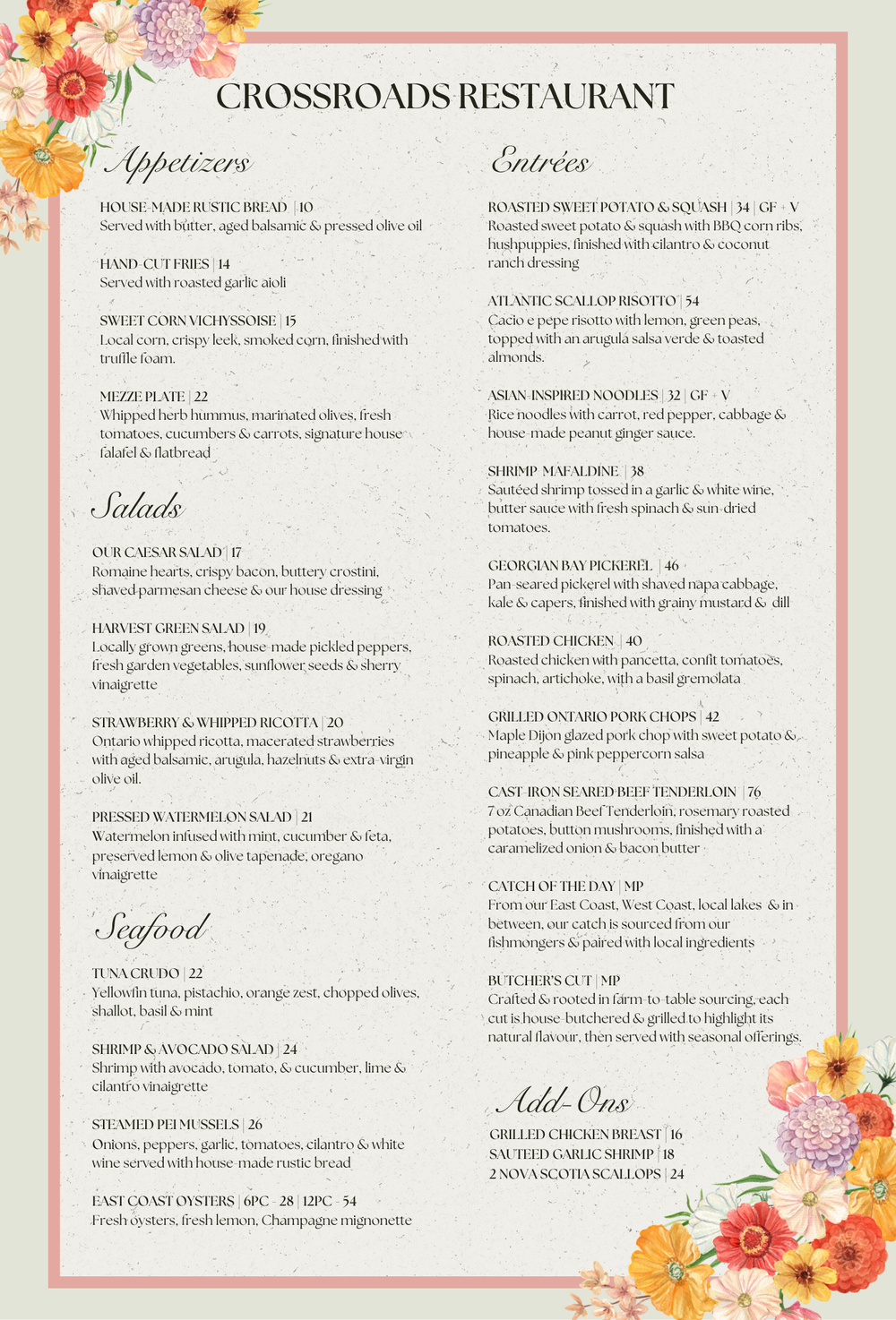 Dinner Menu — Crossroads Restaurant