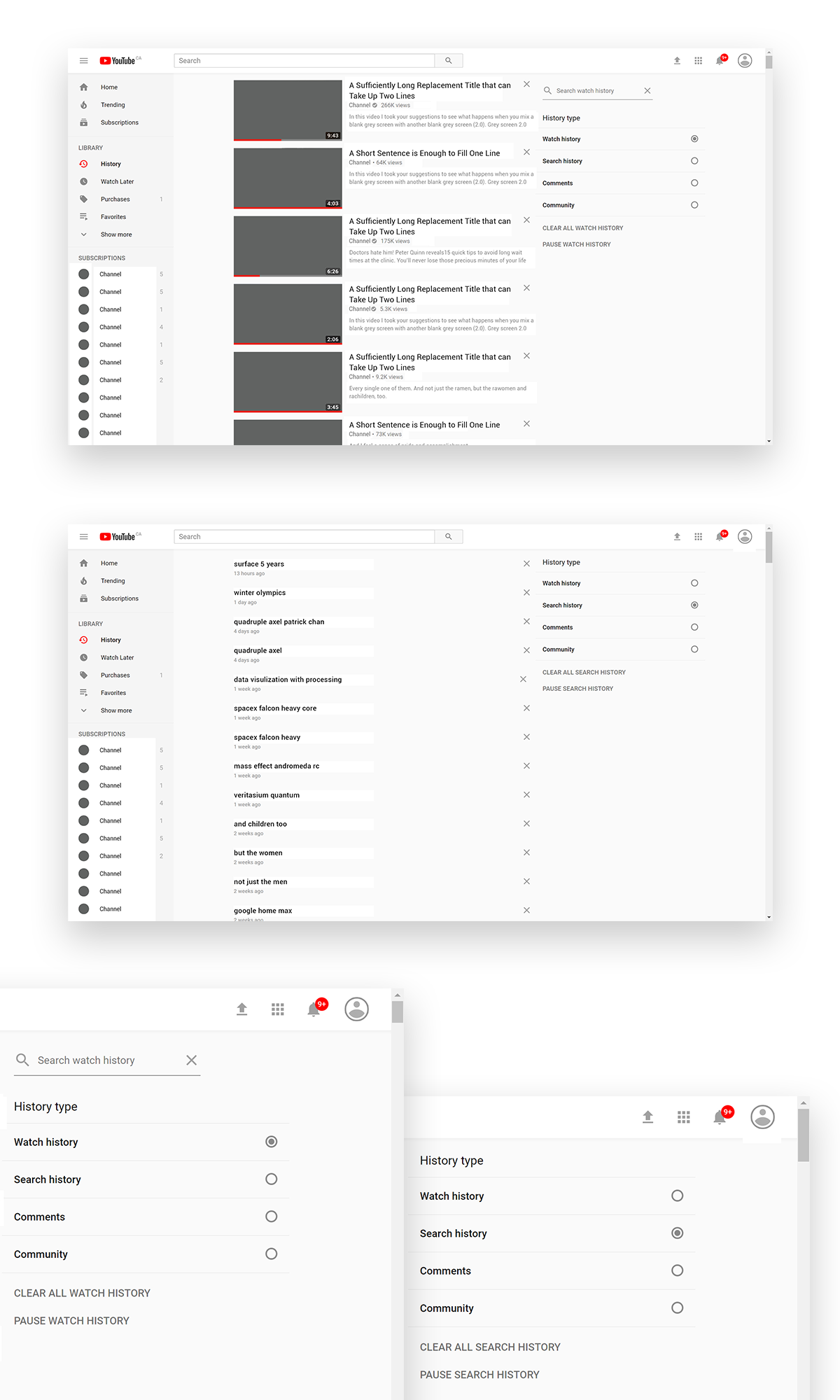Top: New Watch history. Middle: New Search history. Bottom: detail of history selection. You can search through your watch history but not your search history.