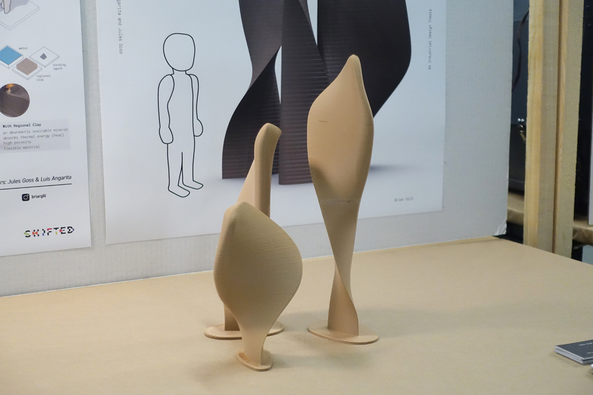 The muted look of the 3D print meant to mimic clay is actually a clever use of wood filament.