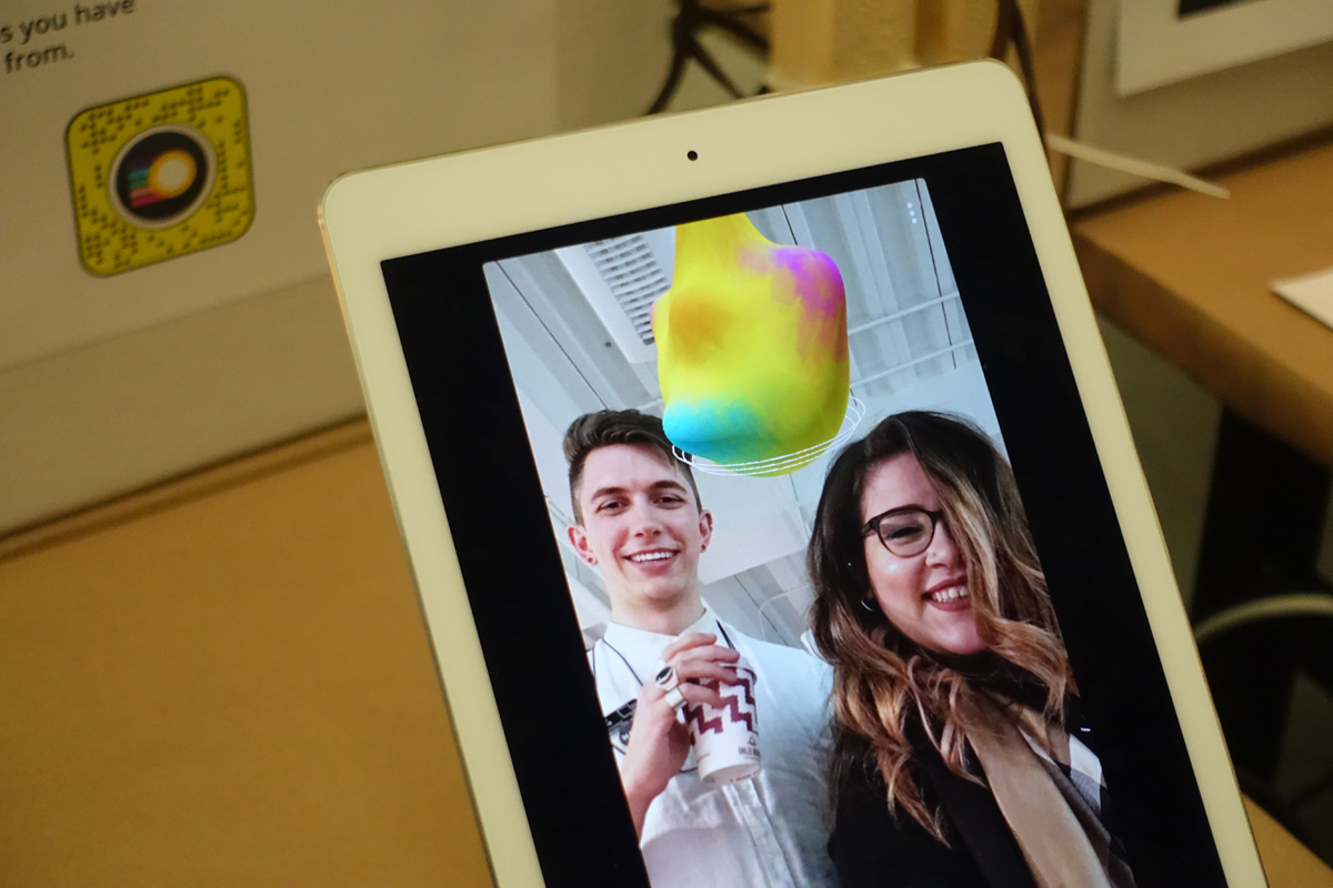 He created a series of working Snapchat AR filters allowed visitors to experience his thesis in the space around them. These floating, multi-coloured blobs are representations of your emotional states at specific points in time to help you become more aware and attuned to yourself.