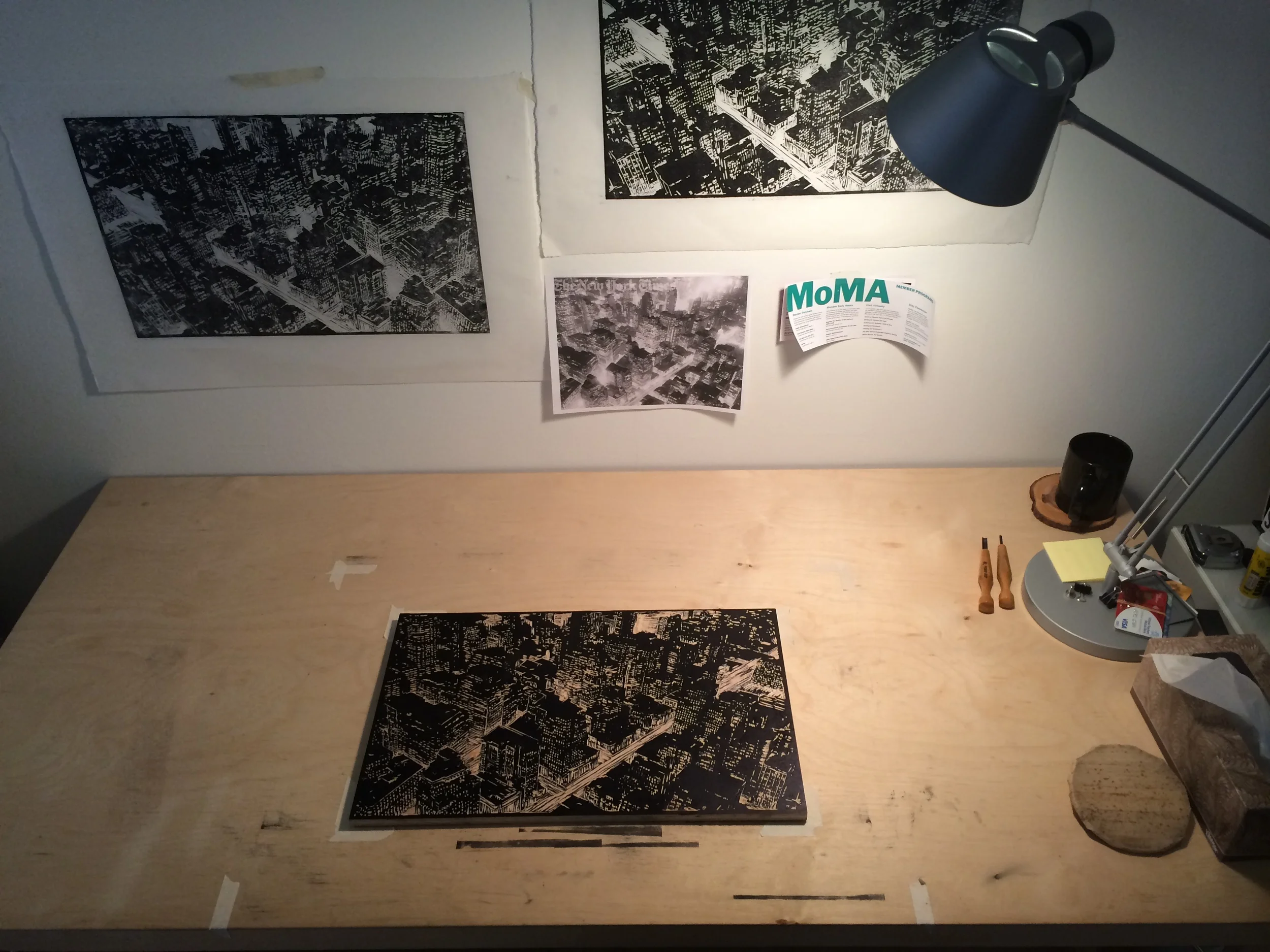 Original Woodblock with ink still on surface in Artist's Studio