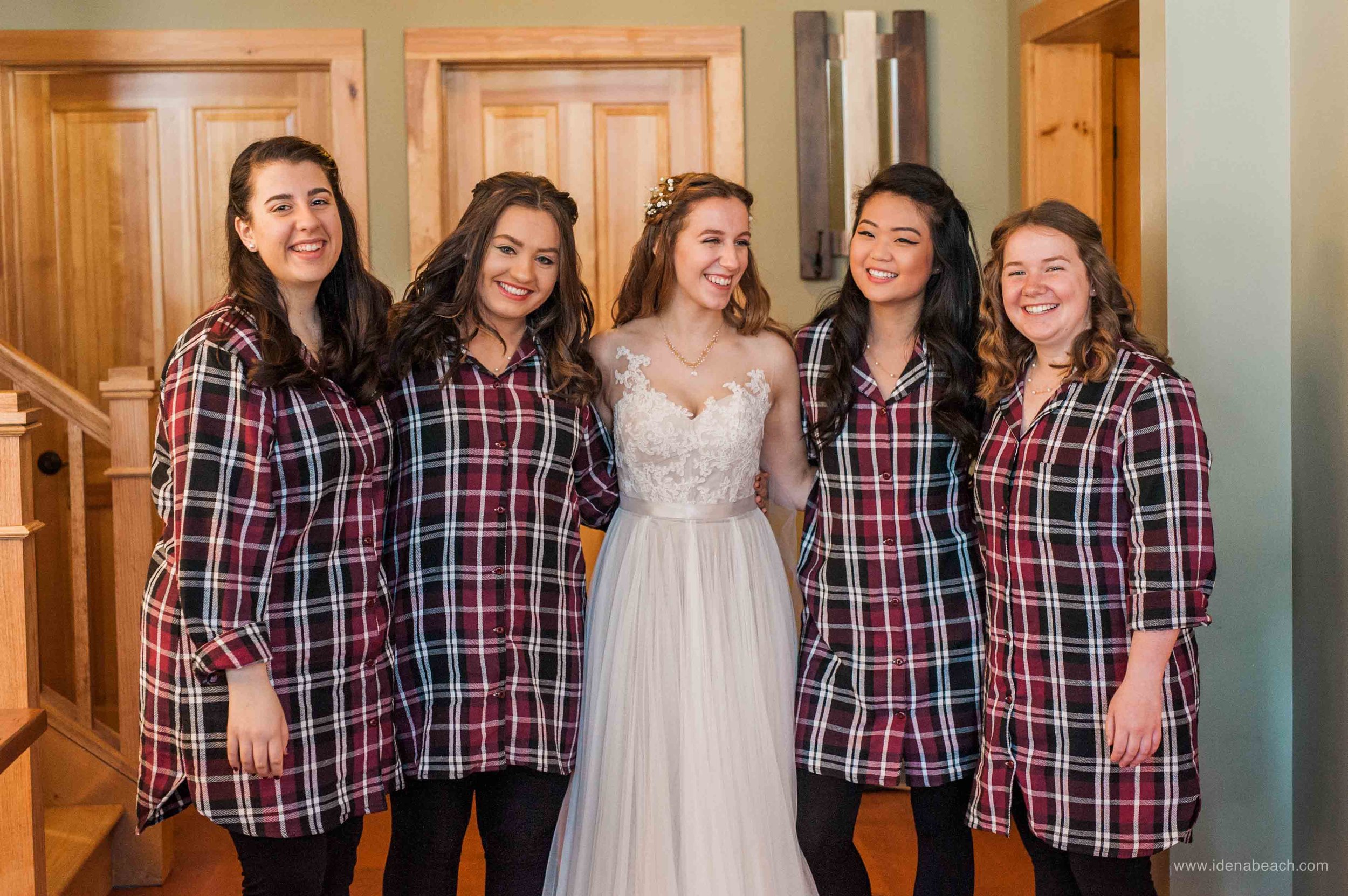  The bridesmaids all wore coordinating burgundy flannel shirts during getting ready 