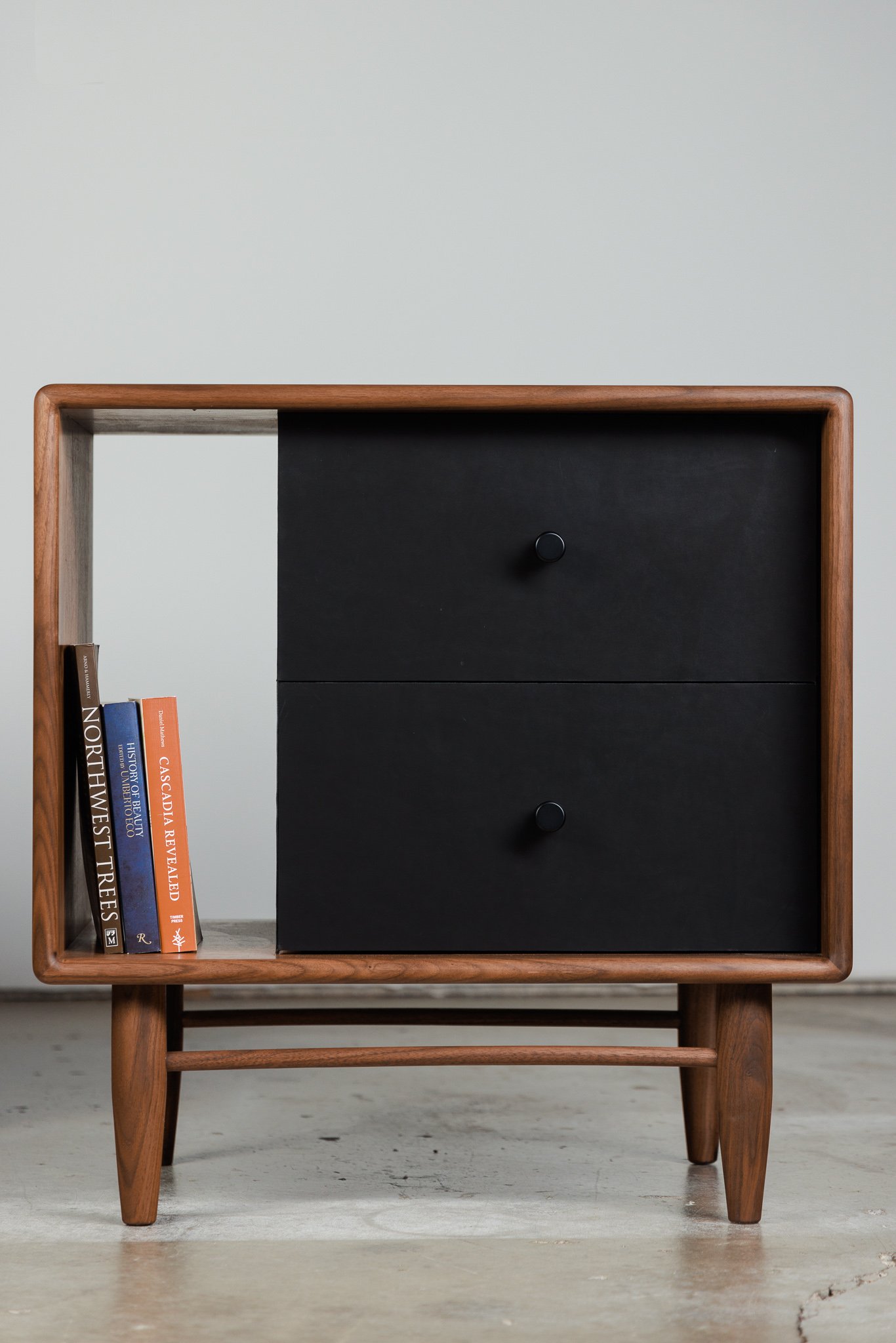 Oak and Black Leather Modern Nightstand, Side Table