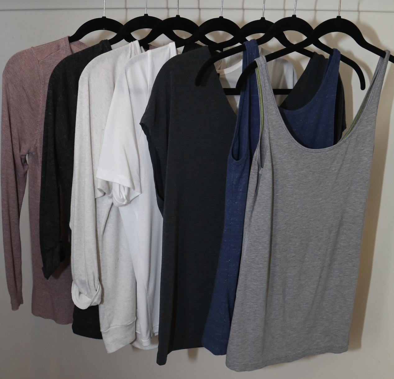 Layering pieces: lightweight sweaters, 3/4 sleeves, tees and tanks.