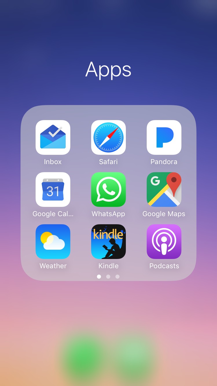 4. My first page of apps are my most used/the apps I most want myself to use. Kindle, Podcasts, and Pandora are the apps I use for pleasure. 
