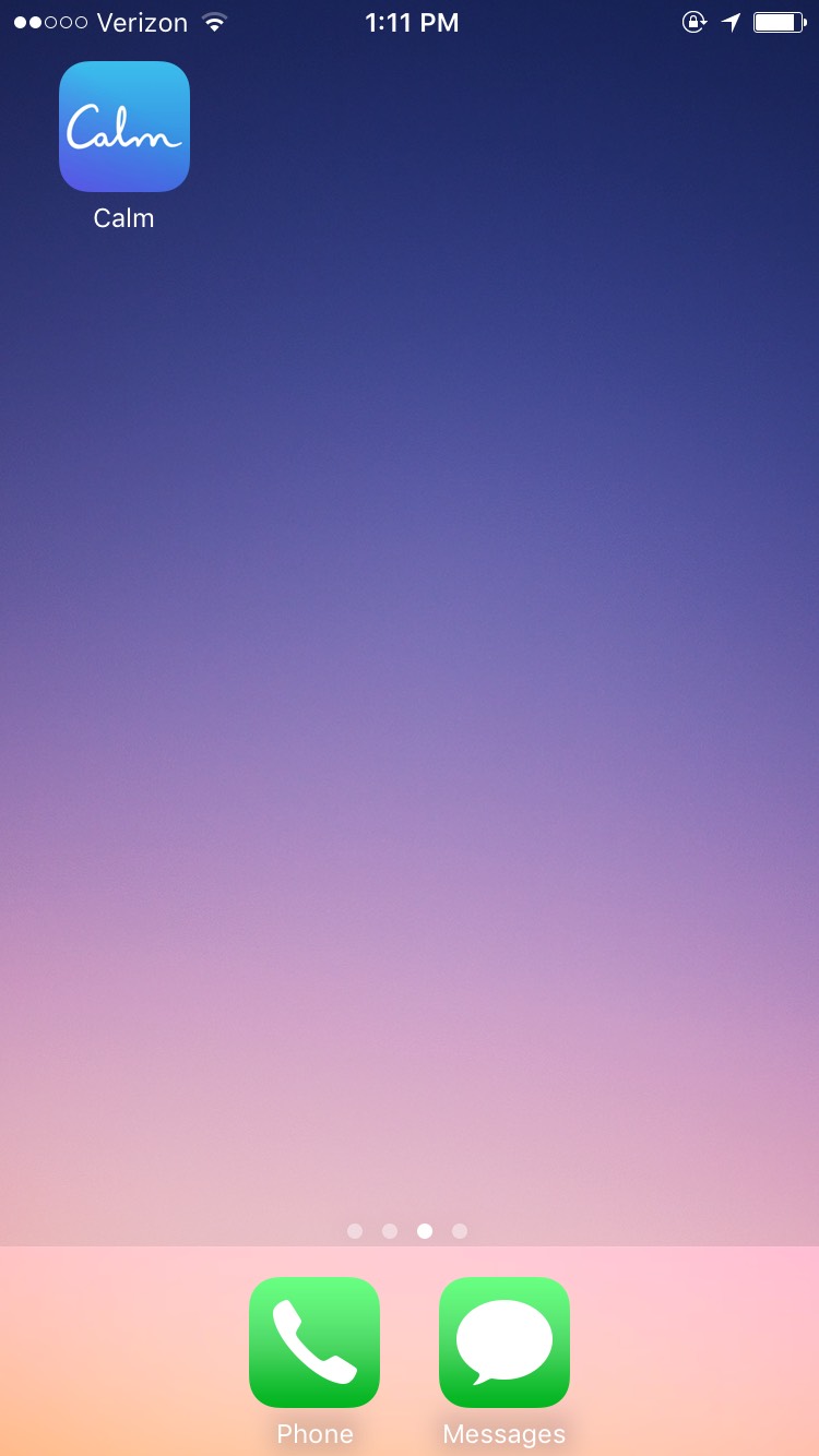 2. This is my second main screen. It contains only "Calm." Ironically, this might be my best "productivity app," though all it offers are the sounds of nature and simple guided meditations.