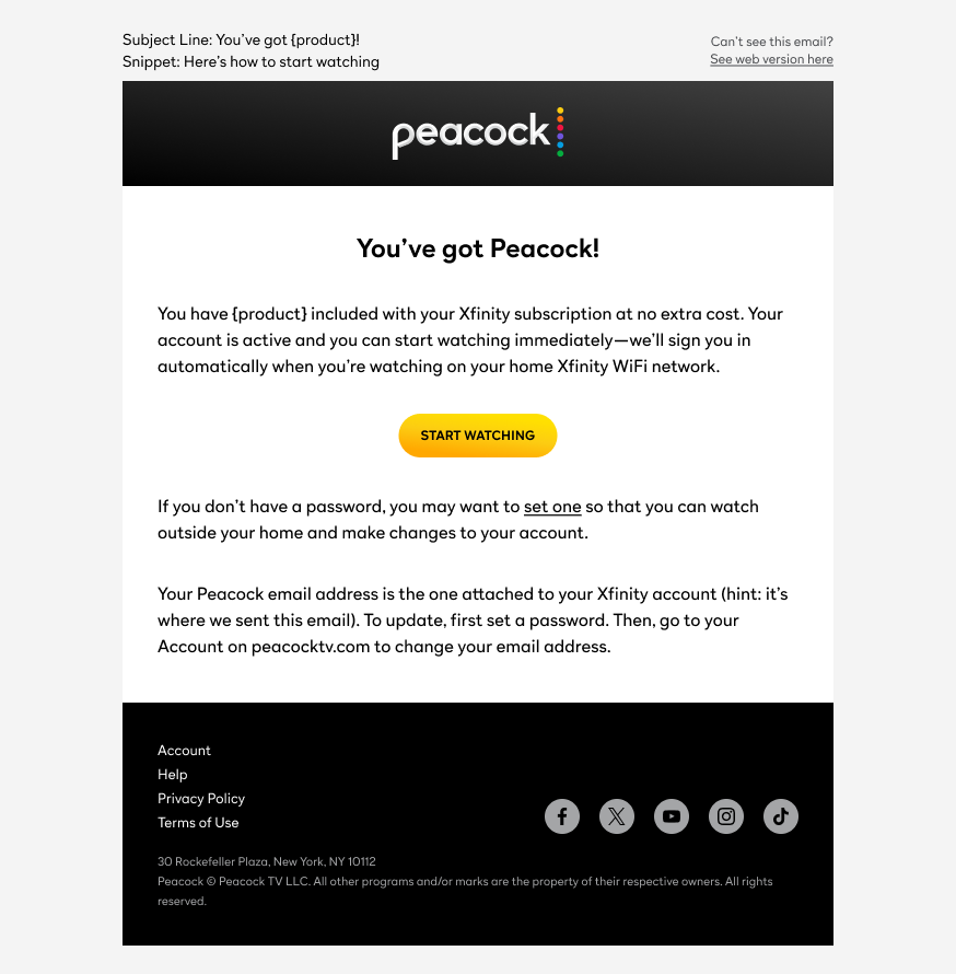 Peacock account finalization email