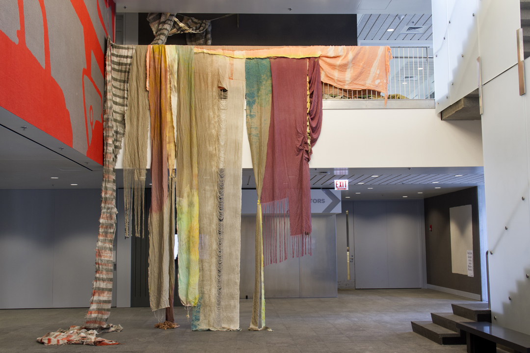 wisdom in the hour between two shadows 2013 linen, bleach, acrylic, fabric dye, spray paint, ink & thread photo by Nabiha Khan