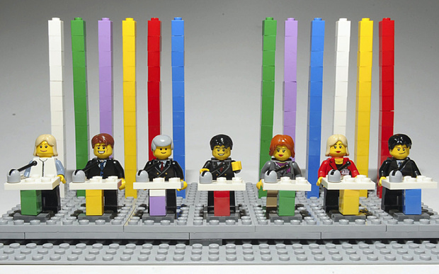 The line up (in Lego, from left): Natalie Bennett of the Green Party, Nick Clegg of the Lib Dems, Nigel Farage of Ukip, Ed Miliband of Labour, Leanne Wood of Plaid Cymru, Nicola Sturgeon of the SNP and Tory leader David Cameron Photo: Cavendish Press / Telegraph