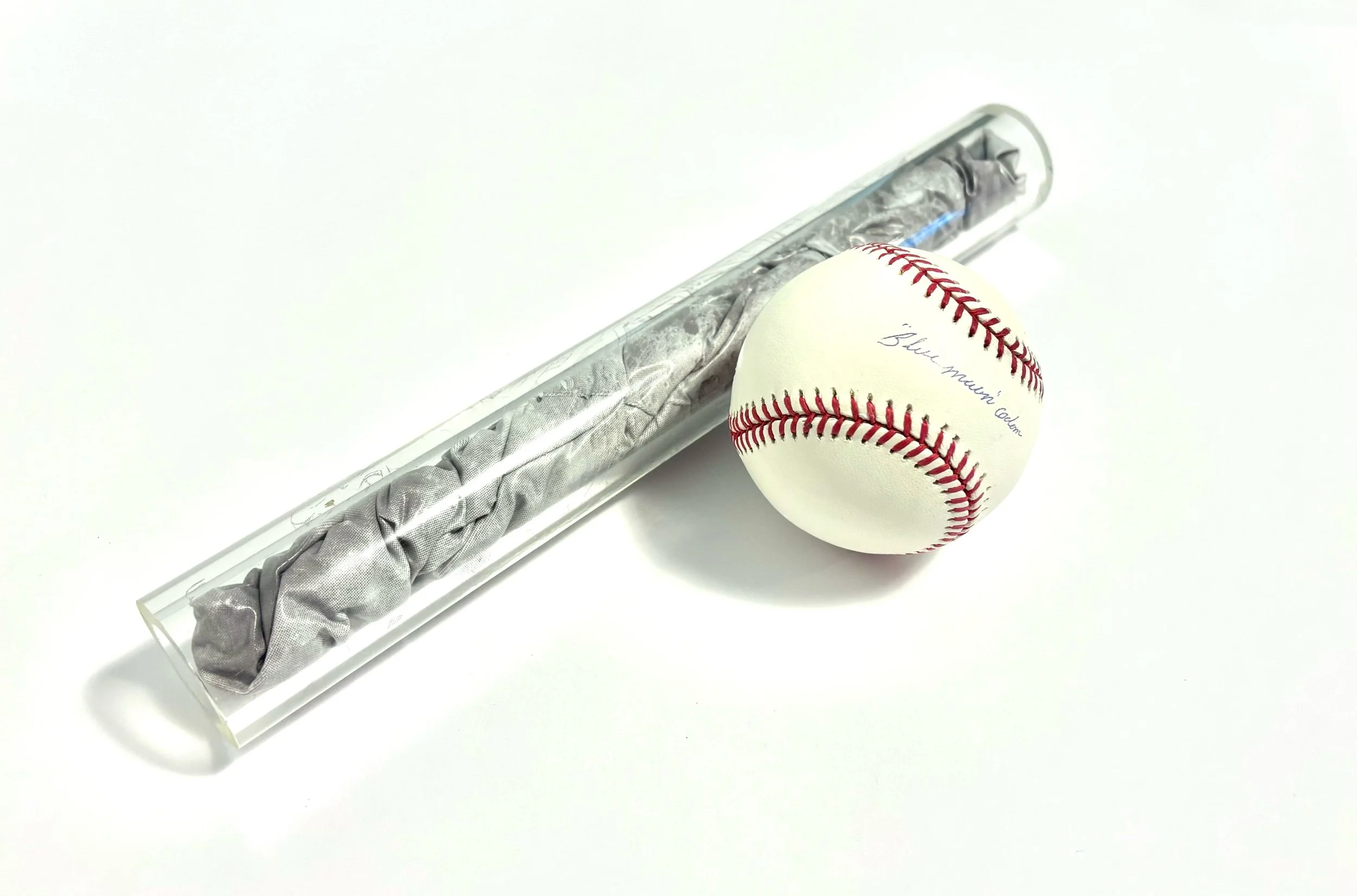softer omens (two moons) - Johnny Lee “Blue Moon” Odom’s signature on a Rawlings MLB baseball with an inflatable moon globe inside a borosilicate tube