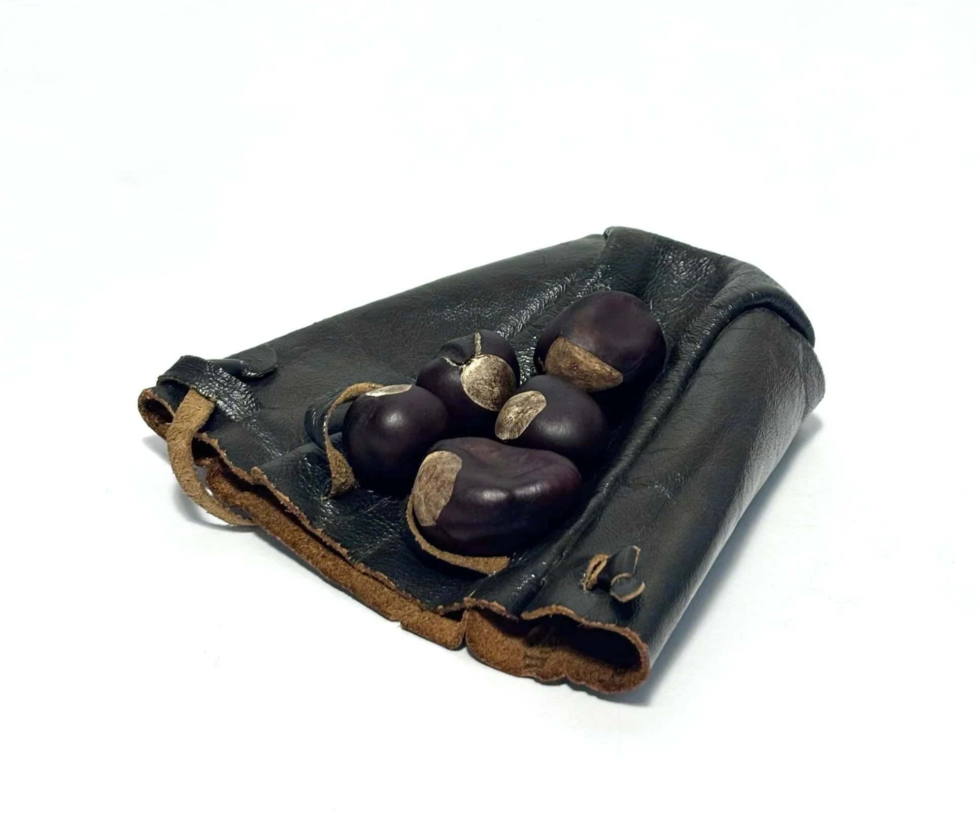 eyeshine - 5 buckeyes on a leather pouch